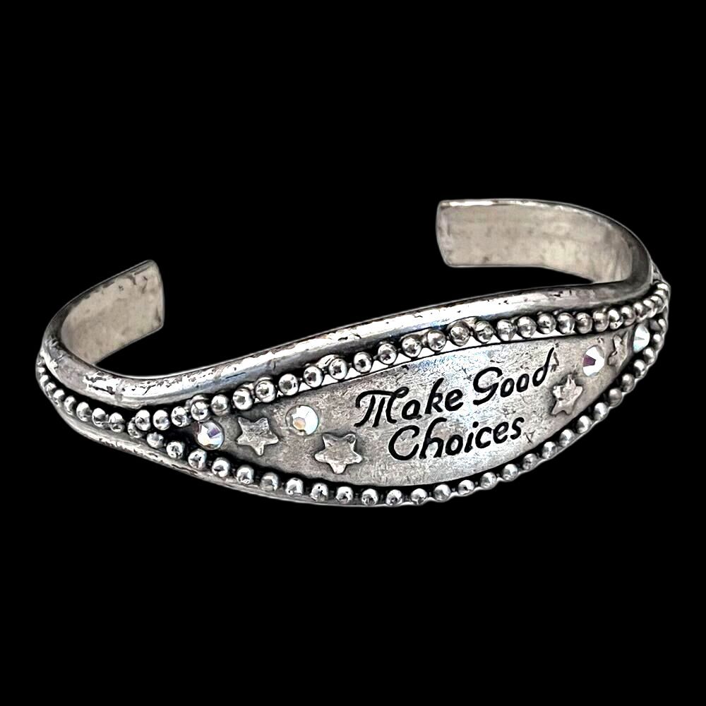 New Kirks Folly Cuff Bracelet Make Good Choices Antique Silver Tone Crystal- 13G